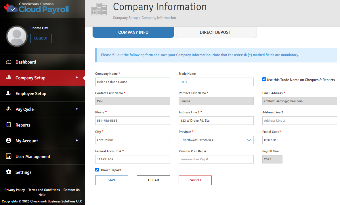 Company info screen