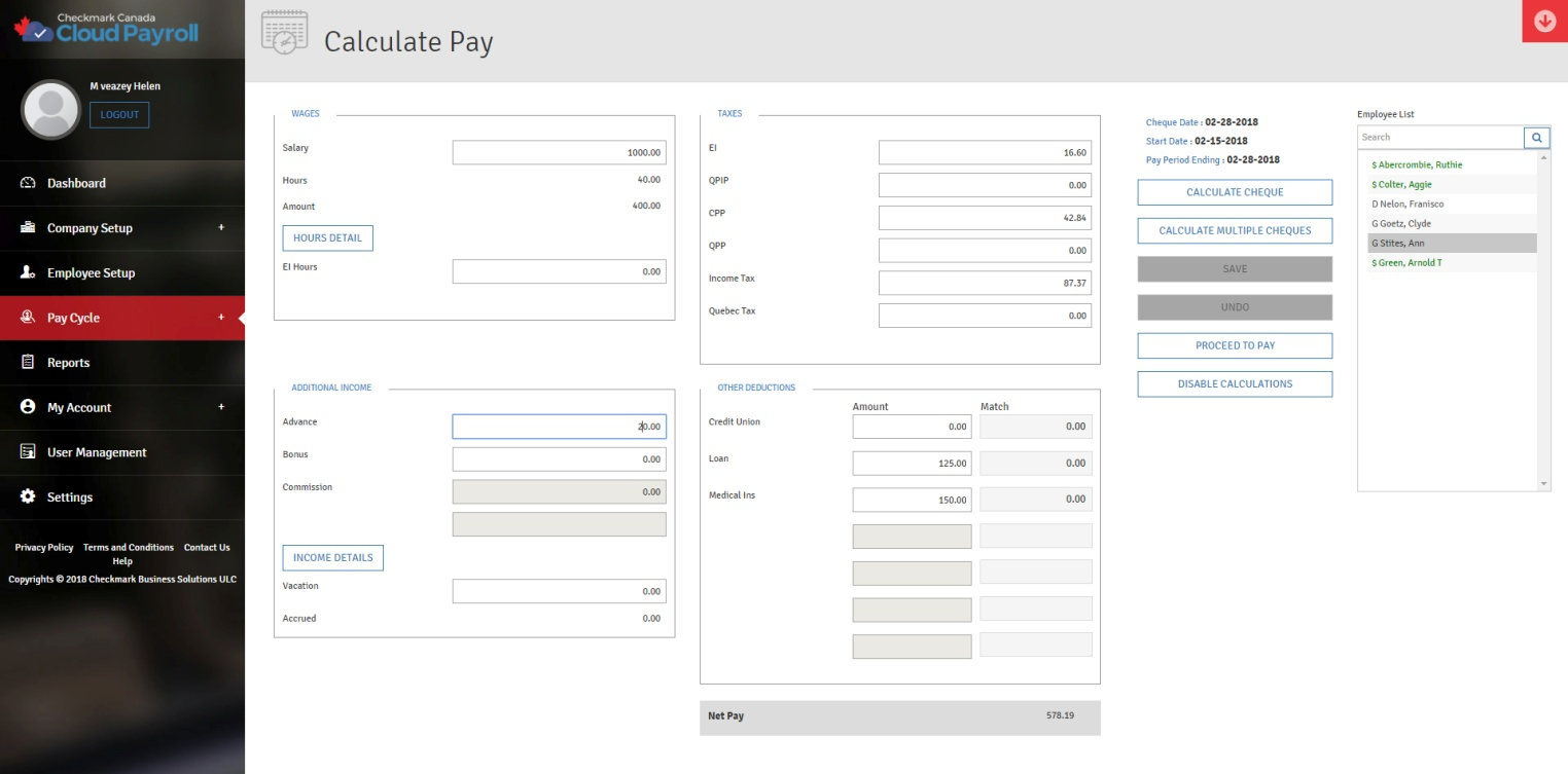 calculate pay screen
