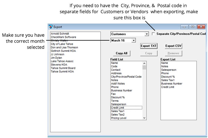 data export window