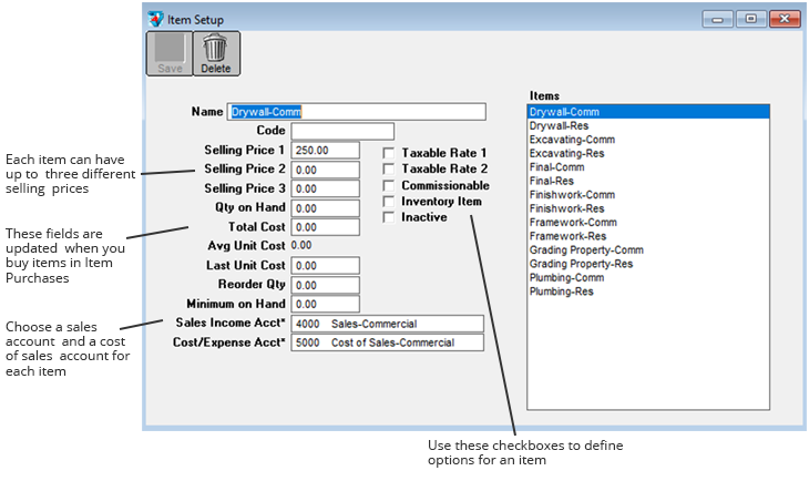 item setup screen