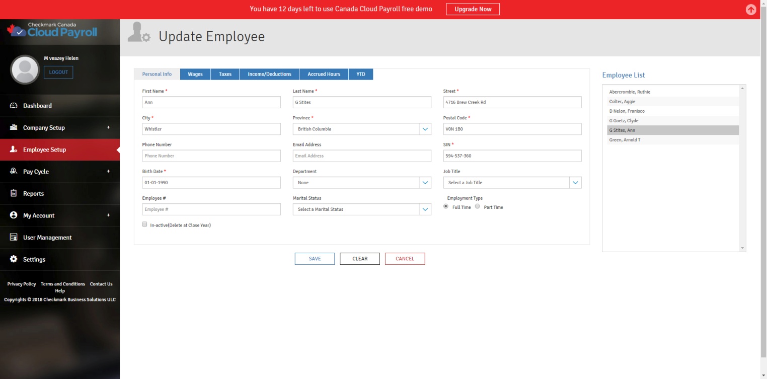 personal information tab